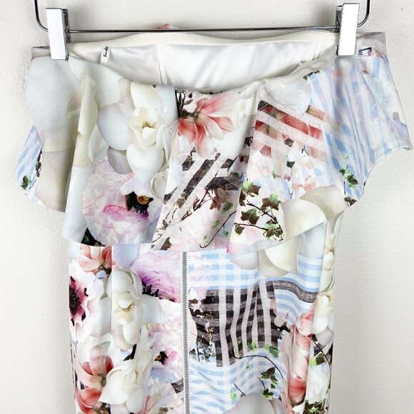 BARDOT | White Ivory Multi Floral Plaid Print Strapless Bodycon Midi Dress - Picture 5 of 10